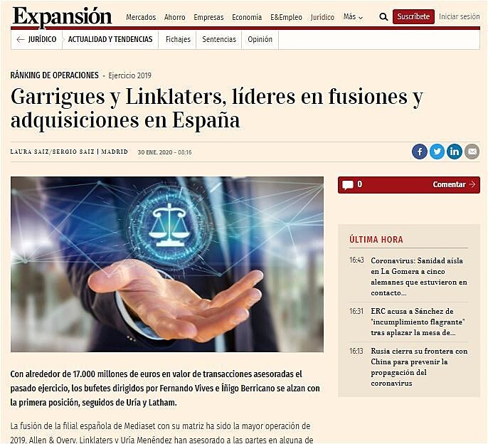 Garrigues y Linklaters, lderes en fusiones y adquisiciones en Espaa